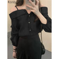 MiKlahFashion Fashion Women Shirts  Sexy Off Shoulder Blouse Summer Tops Casual Straps Button Long Sleeve Pleated Solid Loose Tunic