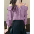 MiKlahFashion PURPLE / XXL Fashion Women Shirts Sexy Off Shoulder Blouse Summer Tops Casual Straps Button Long Sleeve Pleated Solid Loose Tunic