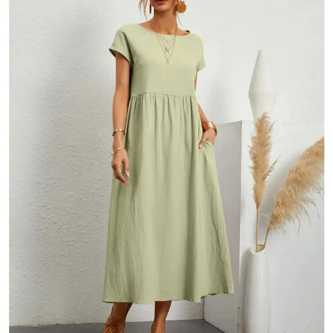 MiKlahFashion Light Green / M / Women's Elegant Solid Color Dress Summer Short Sleeve O-Neck Vintage Harajuku Cotton Linen Comfortable Loose Pocket Long Dress