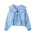 MiKlahFashion blue / L Sweet Doll Collar Shirts Women Loose Lantern Sleeve Waveselvedge Lace Up Blouses Female 2024 Spring Summer Lady Street Top