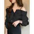 MiKlahFashion Black / 5XL Fashion Women Shirts Sexy Off Shoulder Blouse Summer Tops Casual Straps Button Long Sleeve Pleated Solid Loose Tunic