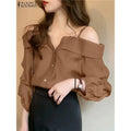 MiKlahFashion Fashion Women Shirts ZSexy Off Shoulder Blouse Summer Tops Casual Straps Button Long Sleeve Pleated Solid Loose Tunic