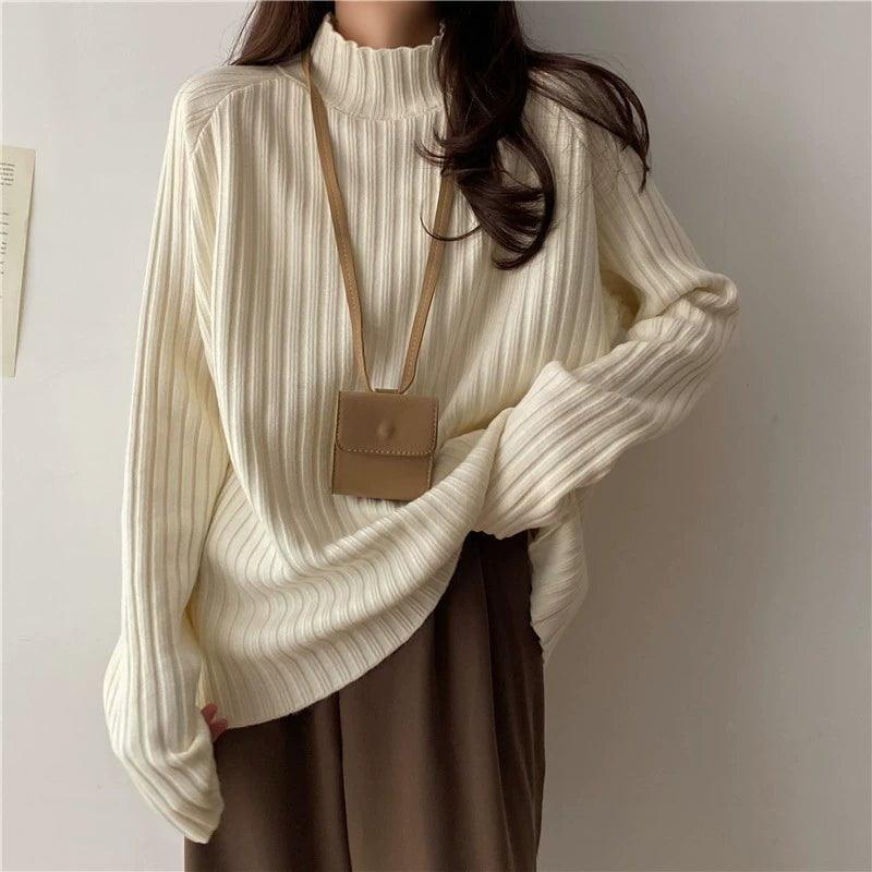 MiKlahFashion Black Half-high Collar Knitted Bottoming Shirt Women Autumn and Winter Fleece-lined Thickened High Sense Sweater Loose Gentle Inner wear Top