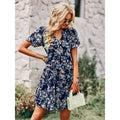 MiKlahFashion Navy Blue / XXL Msfilia Fashion Floral Dress Women Spring Autumn V Neck Short Sleeve Loose Chic Printed Dresses