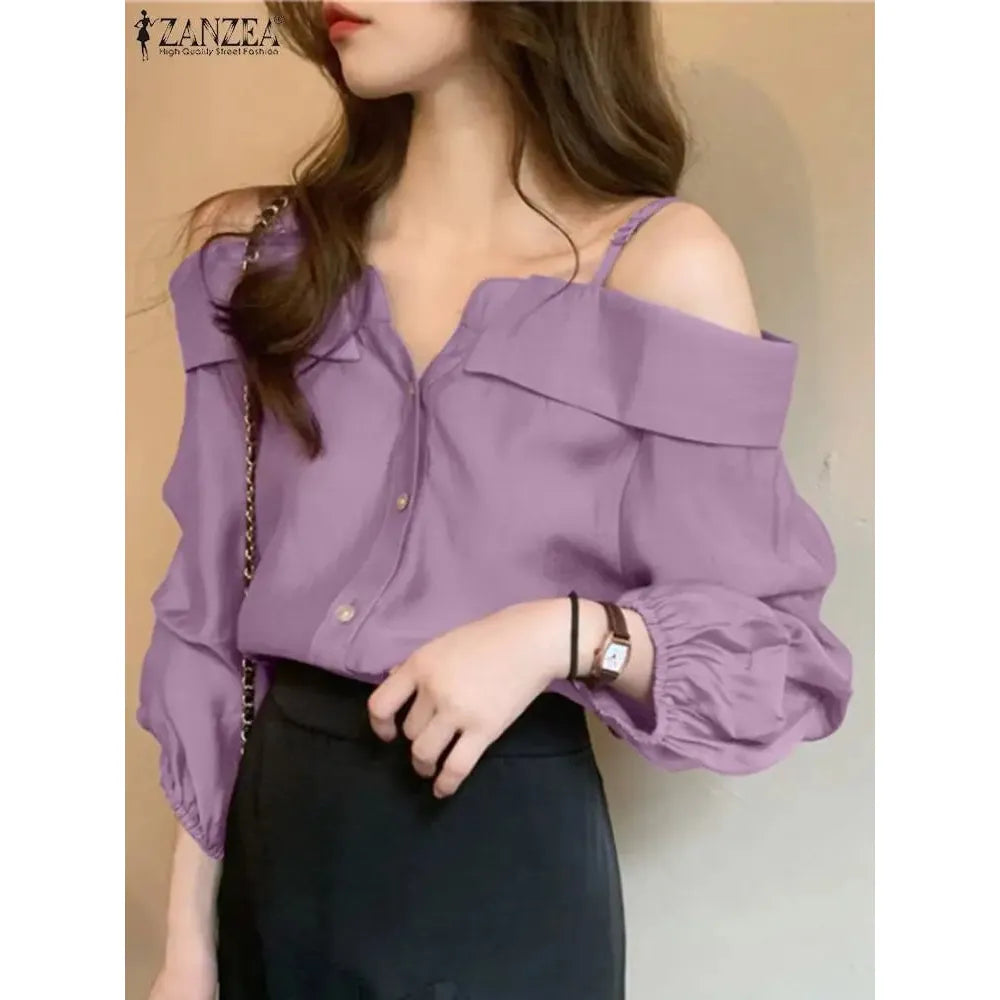 MiKlahFashion Fashion Women Shirts Sexy Off Shoulder Blouse Summer Tops Casual Straps Button Long Sleeve Pleated Solid Loose Tunic