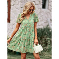 MiKlahFashion green / M Msfilia Fashion Floral Dress Women Spring Autumn V Neck Short Sleeve Loose Chic Printed Dresses