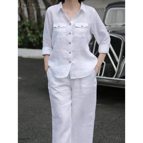 MiKlahFashion Elegant Autumn Women Matching Sets Long Sleeve Shirt Wide Leg Pants Casual Solid Work Suit Tracksuits Holiday Outfits