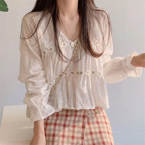 MiKlahFashion WHITE / S New Lace Women's Shirts 2024 Floral V-neck Women Blouse Flare Sleeve Ladies Tops Korean Sweet White Clothes Blusas Mujer 13037
