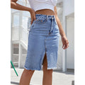 MiKlahFashion Women's Front Slit Blue Denim Skirt Pockets High Waist Slim Zipper Fly Midi Skirts Casual Streetwear
