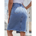 MiKlahFashion Women's Front Slit Blue Denim Skirt Pockets High Waist Slim Zipper Fly Midi Skirts Casual Streetwear