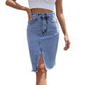 MiKlahFashion 230611 / S Women's Front Slit Blue Denim Skirt Pockets High Waist Slim Zipper Fly Midi Skirts  Casual Streetwear