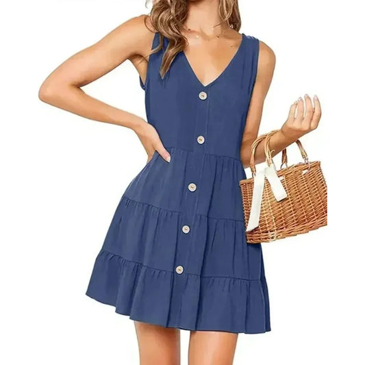 MiKlahFashion Summer Korean Solid Color Fashion V-Neck Boho Beach Sexy Dresses Female Leisure Elegant Pullover Short Dress Women Streetwear