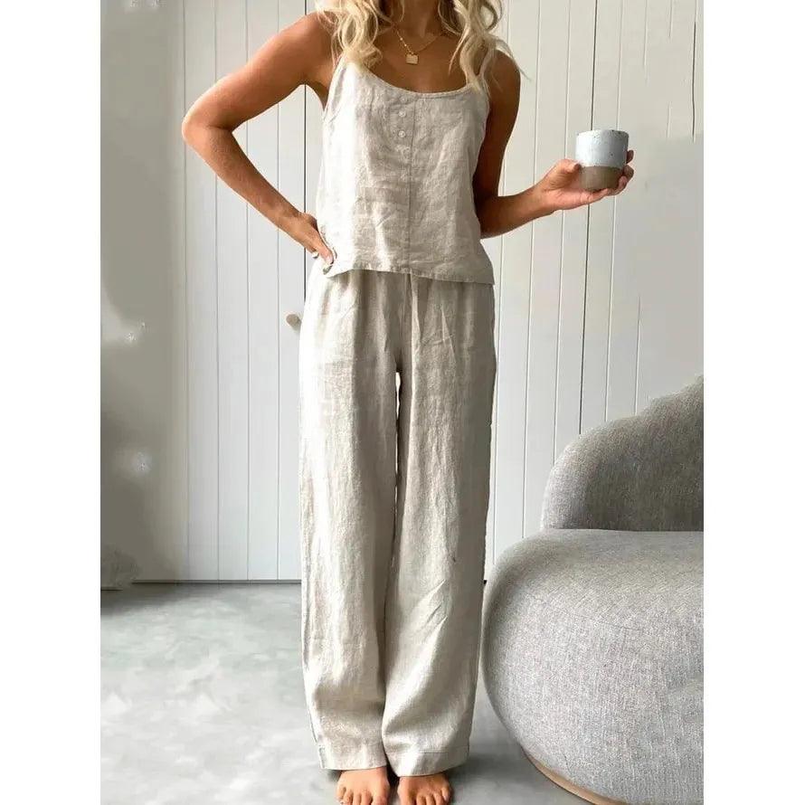 MiKlahFashion French grey / S 2024 Cotton Linen Women's Suit Slip Vest Wide-leg Pants Suits Female Fashion Casual 2 Piece Sets Home Casual Clothes Ladies Sets