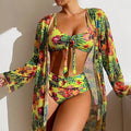MiKlahFashion Fluorescent Yellow / S Sexy High Waisted Bikini Three Pieces Floral Printed Swimsuit Women Bikini Set With Mesh Long-Sleeved Blouse Size S-3XL 2023 New