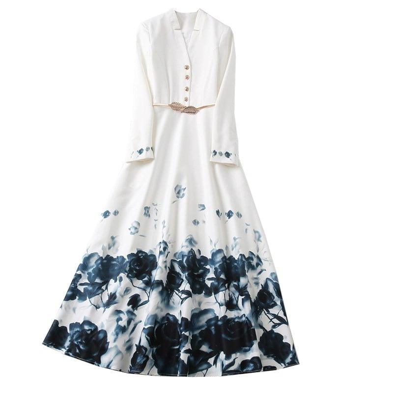 MiKlahFashion S / Flower color Spring and Autumn Clothing Chinese Style Ink Painting Elegant Waist-Slimming Dress