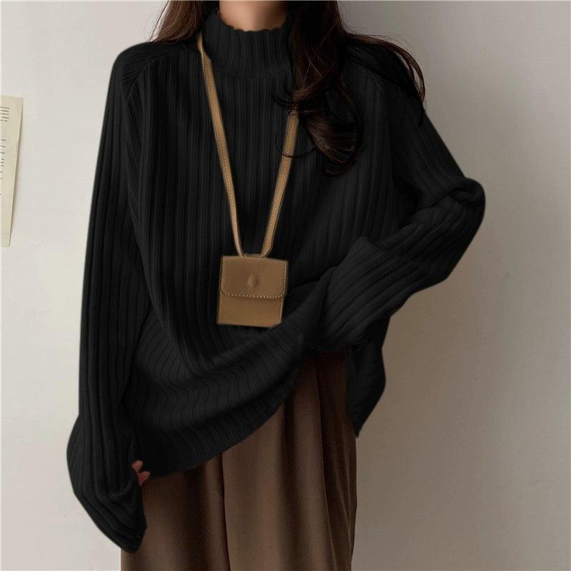 MiKlahFashion One size / [French atmosphere/age reduction/beautiful/Super fire]] Black Half-high Collar Knitted Bottoming Shirt Women Autumn and Winter Fleece-lined Thickened High Sense Sweater Loose Gentle Inner wear Top