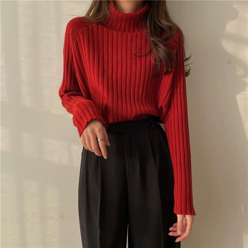 MiKlahFashion One size / Wine Red [high collar thickening]] Black Half-high Collar Knitted Bottoming Shirt Women Autumn and Winter Fleece-lined Thickened High Sense Sweater Loose Gentle Inner wear Top