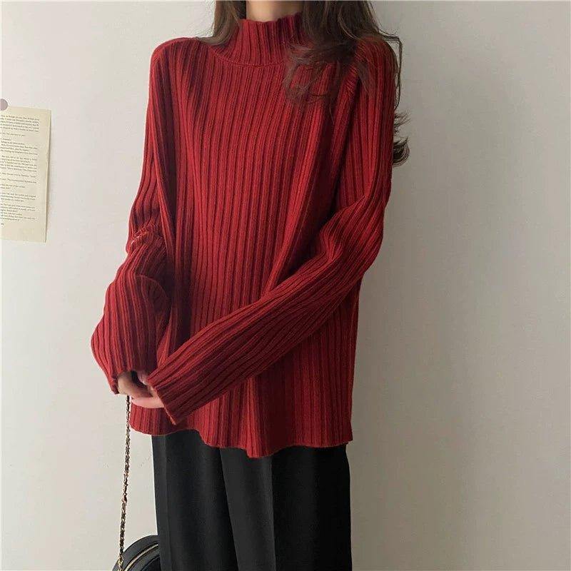 MiKlahFashion Black Half-high Collar Knitted Bottoming Shirt Women Autumn and Winter Fleece-lined Thickened High Sense Sweater Loose Gentle Inner wear Top