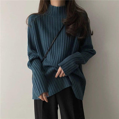 MiKlahFashion One size / Blue Black Half-high Collar Knitted Bottoming Shirt Women Autumn and Winter Fleece-lined Thickened High Sense Sweater Loose Gentle Inner wear Top