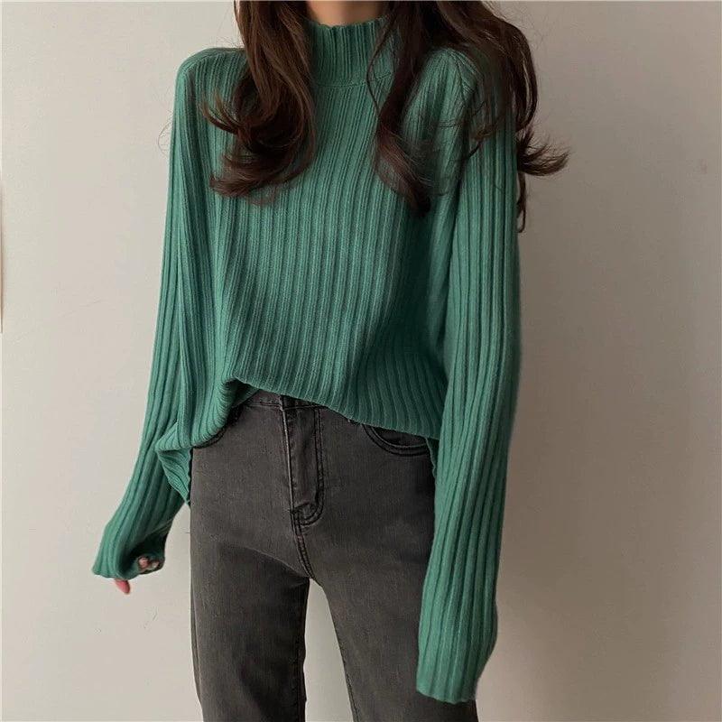 MiKlahFashion One size / Green Black Half-high Collar Knitted Bottoming Shirt Women Autumn and Winter Fleece-lined Thickened High Sense Sweater Loose Gentle Inner wear Top