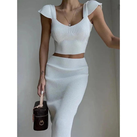 MiKlahFashion Summer Knitted Skirts Two Pieces Set Women Short Sleeve Square Collar Crop Top and Elegant Wrap Pencil Skirts Party Club Outfits