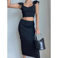 MiKlahFashion Summer Knitted Skirts Two Pieces Set Women Short Sleeve Square Collar Crop Top and Elegant Wrap Pencil Skirts Party Club Outfits