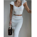 MiKlahFashion white / One Size Summer Knitted Skirts Two Pieces Set Women Short Sleeve Square Collar Crop Top and Elegant Wrap Pencil Skirts Party Club Outfits