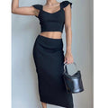 MiKlahFashion black / One Size Summer Knitted Skirts Two Pieces Set Women Short Sleeve Square Collar Crop Top and Elegant Wrap Pencil Skirts Party Club Outfits