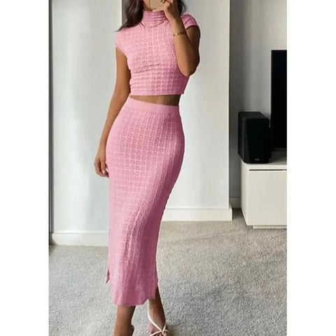 MiKlahFashion Knitted Dress Set Short Sleeve Crop Top High Waist Long Skirt Suit Pink Matching Sets Women Outfit Streetwear Chic Two Piece Set