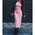 MiKlahFashion Knitted Dress Set Short Sleeve Crop Top High Waist Long Skirt Suit Pink Matching Sets Women Outfit Streetwear Chic Two Piece Set