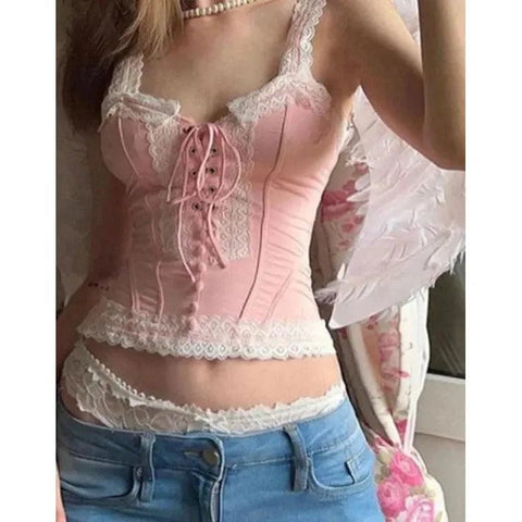 MiKlahFashion CIBBAR Coquette Pink Corset Top Vintage Lace Patchwork Bandage Crop Tops Women Summer Kawaii Tees Ladies Cute Vest y2k Aesthetic