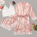 MiKlahFashion Skin Tone - White / S Woman Sleepwear 4pcs Floral Lace Trim Satin Pajamas Set with Robe Sexy Faux Silk Pijamas Robe Sets Casual Home Clothes Nightwear