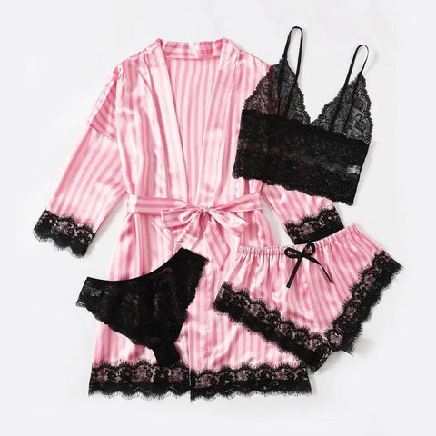 MiKlahFashion Woman Sleepwear 4pcs Floral Lace Trim Satin Pajamas Set with Robe Sexy Faux Silk Pijamas Robe Sets Casual Home Clothes Nightwear