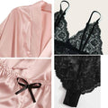 MiKlahFashion Woman Sleepwear 4pcs Floral Lace Trim Satin Pajamas Set with Robe Sexy Faux Silk Pijamas Robe Sets Casual Home Clothes Nightwear