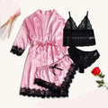 MiKlahFashion Pink stripes / S Woman Sleepwear 4pcs Floral Lace Trim Satin Pajamas Set with Robe Sexy Faux Silk Pijamas Robe Sets Casual Home Clothes Nightwear