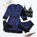 MiKlahFashion Blue / S Woman Sleepwear 4pcs Floral Lace Trim Satin Pajamas Set with Robe Sexy Faux Silk Pijamas Robe Sets Casual Home Clothes Nightwear