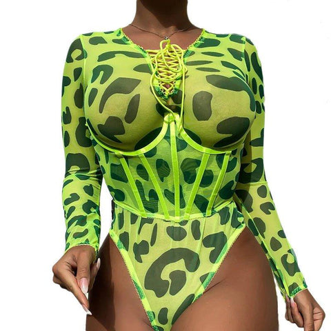 MiKlahFashion Sexy Lingerie for Women Leopard Print Underwear Long Sleeve Bodysuit Strap Underwire Corset One Piece Intimates Exotic Apparel