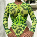 MiKlahFashion Neon Green / S Sexy Lingerie for Women Leopard Print Underwear Long Sleeve Bodysuit Strap Underwire Corset One Piece Intimates Exotic Apparel