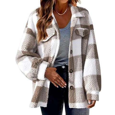MiKlahFashion 2023 Autumn and Winter Women's New Fashion Loose Casual Pocket Plaid Lamb Fleece Jacket Button Plush Comfortable Versatile Coat