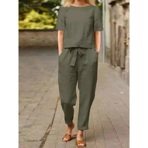 MiKlahFashion army green / S ZANZEA Summer Women Short Sleeve Blouse Harem Pants Sets 2PCS Solid Tracksuit Two Piece Sets Loose Outifit Casual Matching Sets