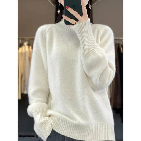 MiKlahFashion WHITE / M 100% Merino Wool Cashmere Women Knitted Sweater Mock Neck Long Sleeve Pullover Autume Winter Clothing Jumper Straf Store