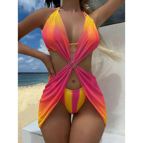 MiKlahFashion Rose Red / S 2024 New Sexy Gradient Color Three Pieces Bikini Set Swimsuit For Women Mesh Skirt Bathing Suits Summer Beach Wear Swimming Suit