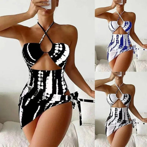 MiKlahFashion 2024 New Digital Printed Women's Sexy One Piece Neck Hanging Triangle Mesh Three Piece Set with Hollow Out Swimsuit