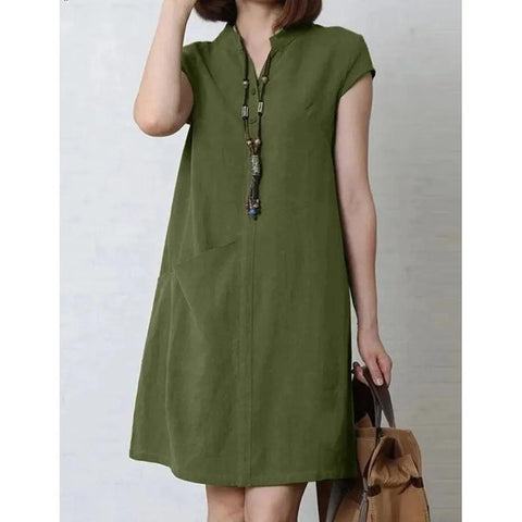 MiKlahFashion army green / S  Fashion Summer Women Dress V Neck Short Sleeve Solid Cotton Sundress Casual OL Work Knee-length Robe Femme