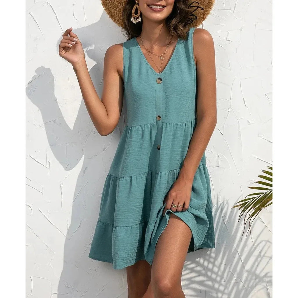 MiKlahFashion Turquoise / L Women's Solid Sleeveless Dress Summer Fashion V Neck Boho Beach Sexy Dresses Ladies Elegant Plus Size Casual Mini Sundress