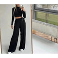 MiKlahFashion Black / S 2022 Autumn Winter Women Solid Casual Fitness Tracksuit Set Outfits Long Sleeve Crop Tops Trouser Flare Pants 2 Two Piece Set