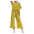 MiKlahFashion yellow / S Spring Summer Casual Solid Short Sleeve T-shirt Wide Led Pant Sets Drawstring Elastic Waist Trouser Suit Sports Women Outfits