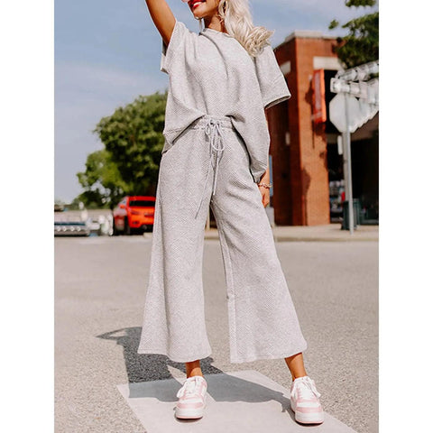 MiKlahFashion Gray / S Spring Summer Casual Solid Short Sleeve T-shirt Wide Led Pant Sets Drawstring Elastic Waist Trouser Suit Sports Women Outfits