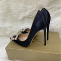 MiKlahFashion high heel shoe Black 12cm Heel / 3 Diamante Square Satin Heels