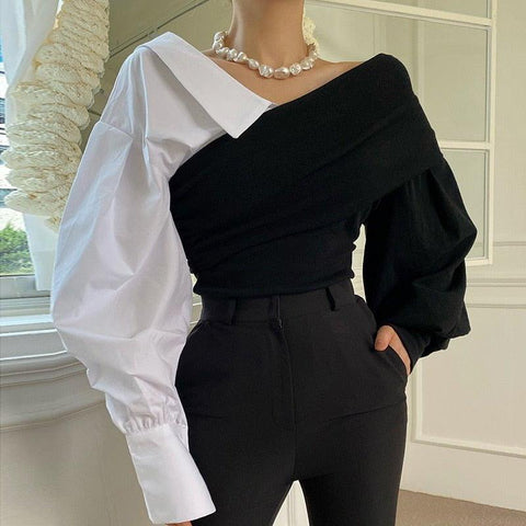 MiKlahFashion sweater black jacket / One Size Contrasting Sweater Off-the-shoulder Top